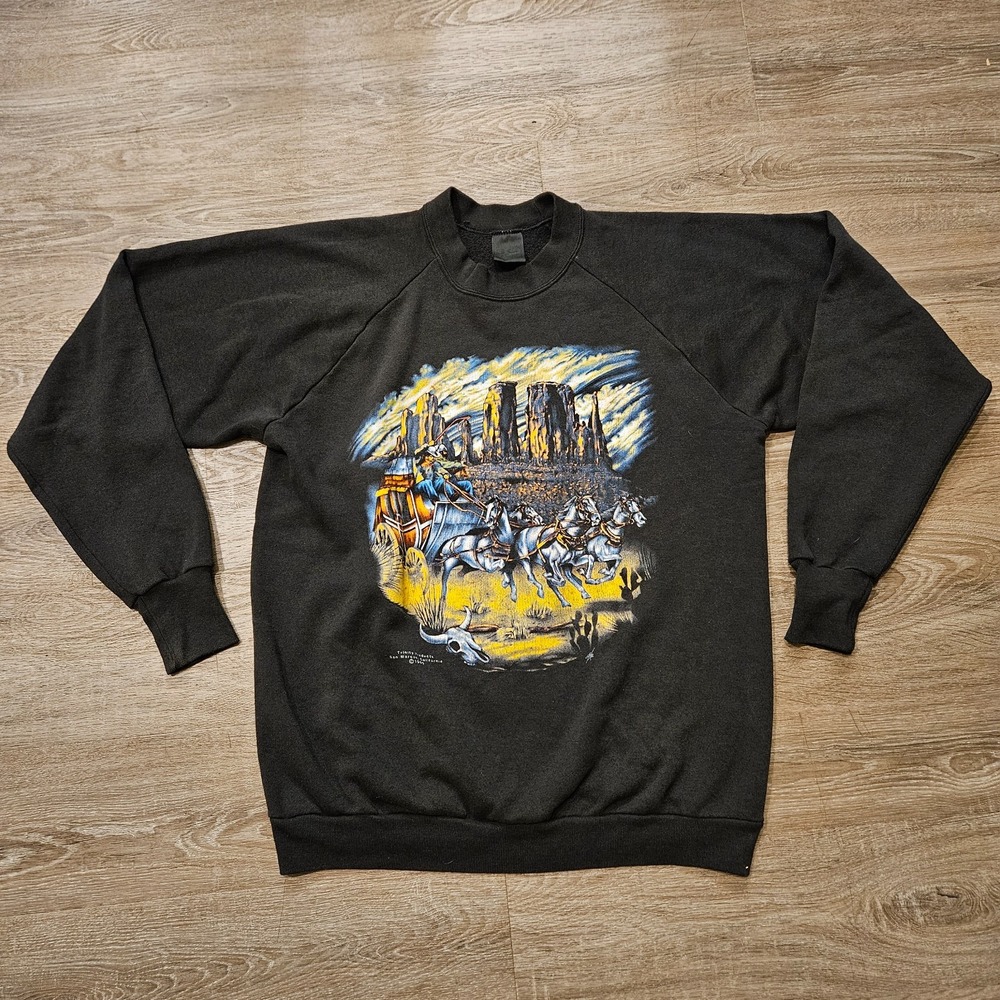 Vintage 1989 3D Emblem Stagecoach Sweatshirt Mens XL Western Cowboy Black